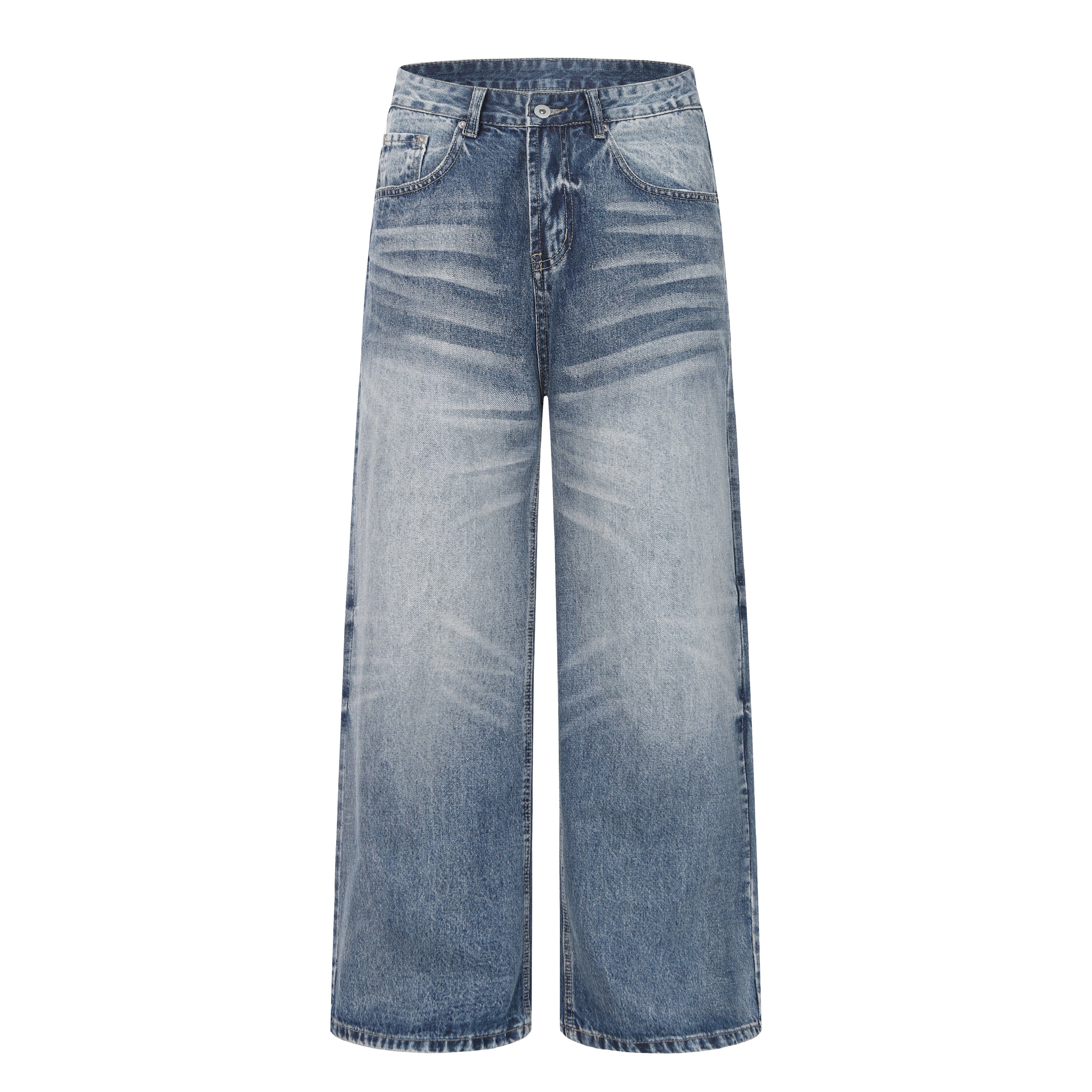 DONOTLOGO Retro Blue Baggy Denim Pants | Unisex Y2K Wide Leg Trousers with Natural Whiskering & Fade | High Street Relaxed Fit Bottoms