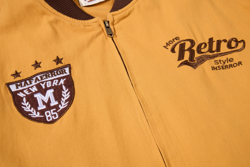 DONOTLOGO Retro Air Force Aesthetic | Unisex Heavyweight Cotton Bomber | Mustard Tone Workwear Jacket with Vintage Badge Details & Ribbed Trim
