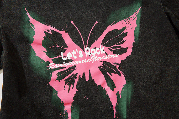 DONOTLOGO Heavy Acid Washed Butterfly Print Tee | Unisex Y2K Oversized Streetwear Top | Retro High Street Summer Shirt