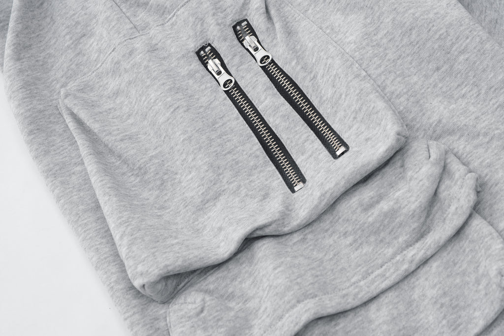 DONOTLOGO Oversized Grey Utility Shorts | Unisex Drawstring Cargo Capris | Streetwear Baggy Sweatshorts with Zipper Detail