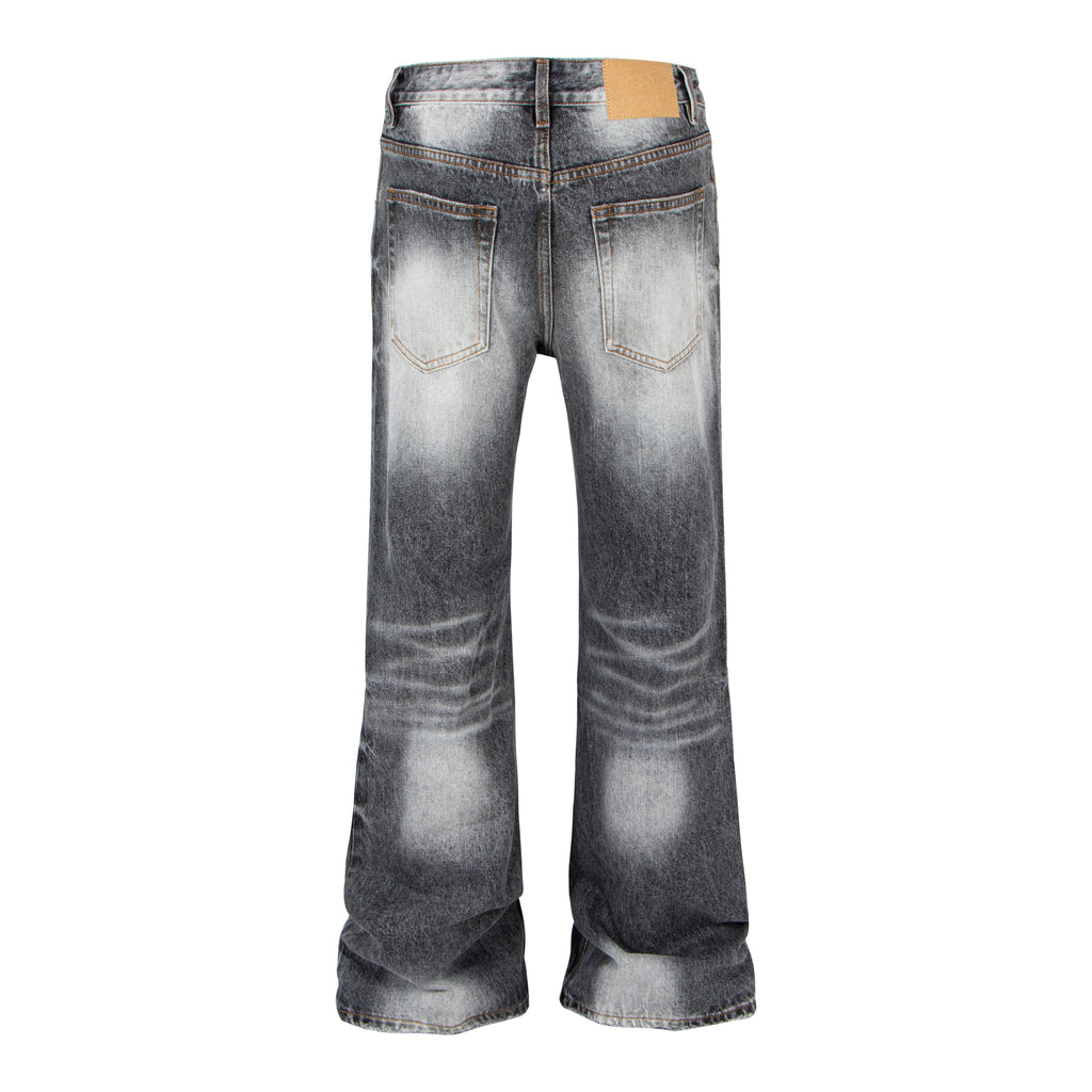 Vintage Washed Whiskered Black & Gray Distressed Flared Jeans
