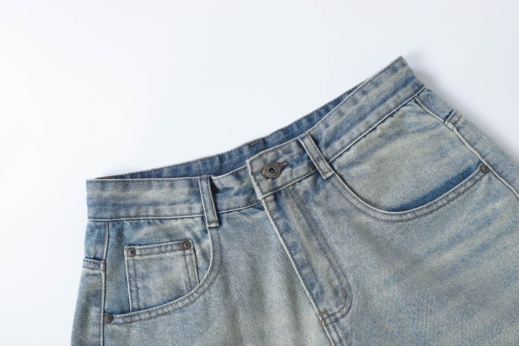 DONOTLOGO Retro Blue Baggy Denim Shorts | Unisex Y2K Wide Leg Trousers with Natural Whiskering & Fade | High Street Relaxed Fit Bottoms