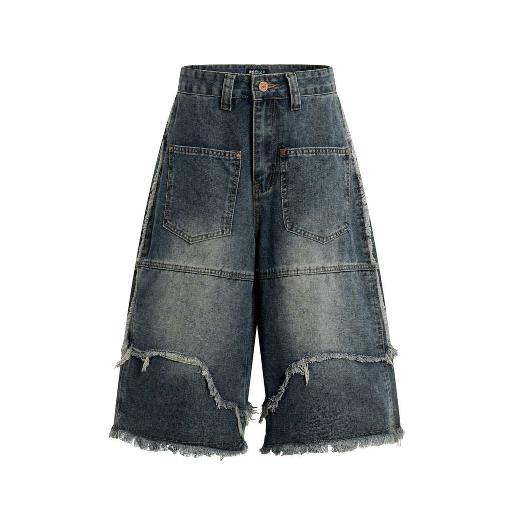 DONOTLOGO Deconstructed Wide Leg Denim Jorts - Raw Edge Patchwork Jean Shorts - Unisex Y2K Grunge Aesthetic Baggy Shorts