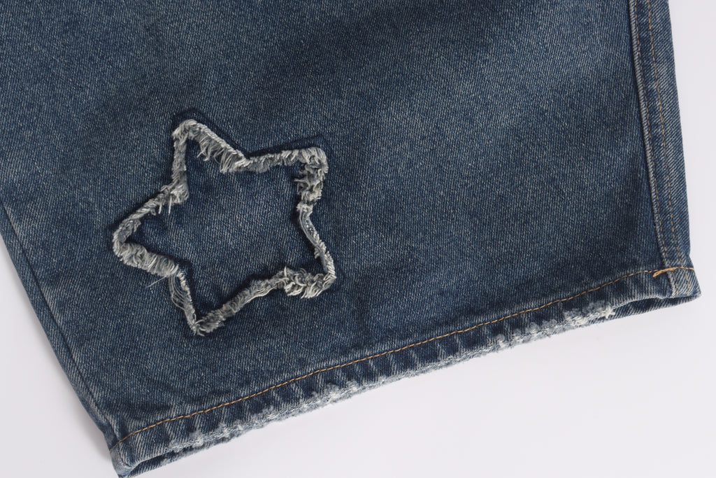 DONOTLOGO Retro Grunge Aesthetic | Unisex Baggy Star-Embellished Denim Trousers | Distressed Wash with Raw Edge Patches & Leather Brand Tag