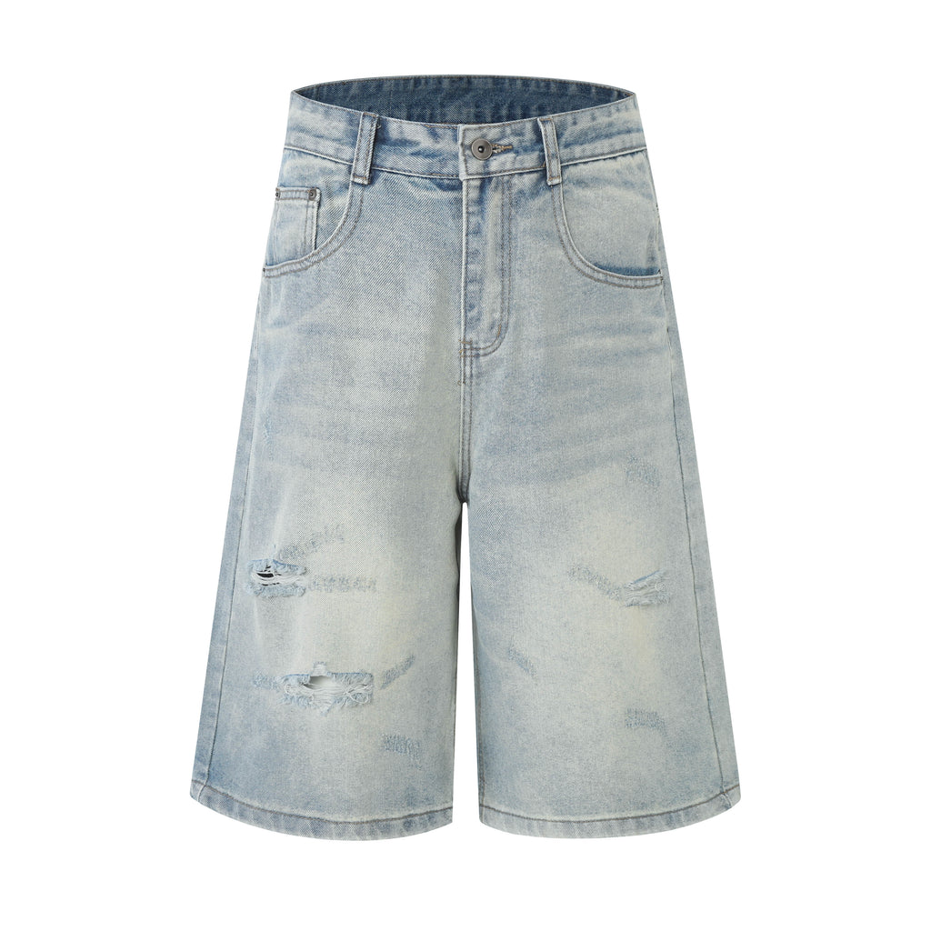 DONOTLOGO Retro Blue Baggy Denim Shorts | Unisex Y2K Wide Leg Trousers with Natural Whiskering & Fade | High Street Relaxed Fit Bottoms