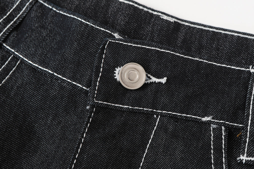DONOTLOGO Deconstructed Black Baggy Denim Pants | Unisex Y2K Wide Leg Trousers with Bold White Stitching | High Street Relaxed Fit Bottoms