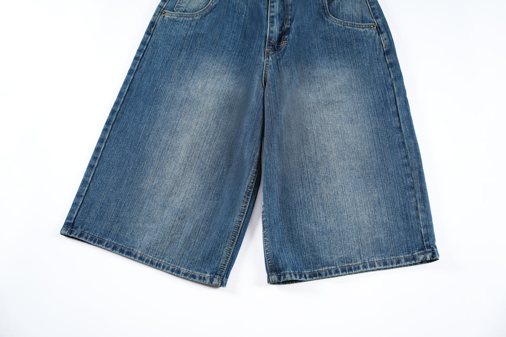 DONOTLOGO Retro Blue Baggy Denim Shorts | Unisex Y2K Wide Leg Trousers with Natural Whiskering & Fade | High Street Relaxed Fit Bottoms
