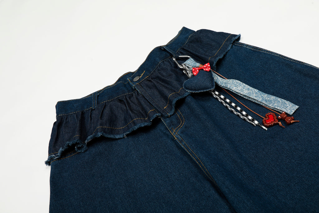 DONOTLOGO Sweet Streetwear Collection | Unisex Relaxed Fit Denim Jeans | Delicate Ruffle Waistband & Hanging Charm Motif with Classic Cotton Denim Fabric