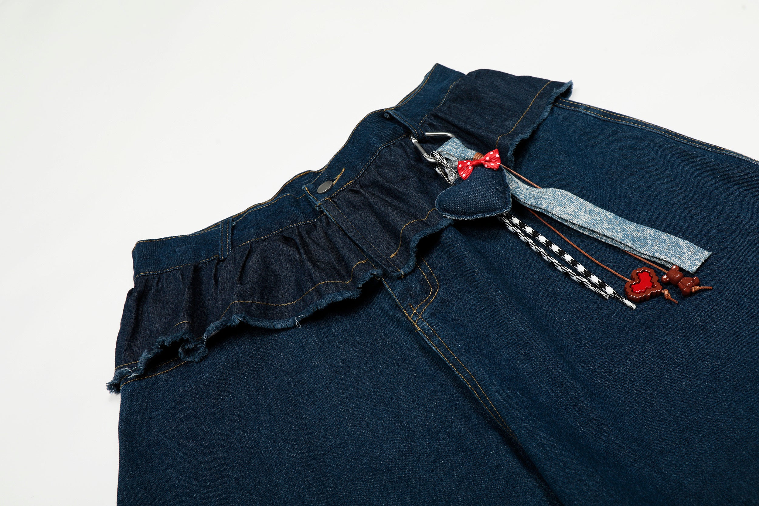 DONOTLOGO Sweet Streetwear Collection | Unisex Relaxed Fit Denim Jeans | Delicate Ruffle Waistband & Hanging Charm Motif with Classic Cotton Denim Fabric