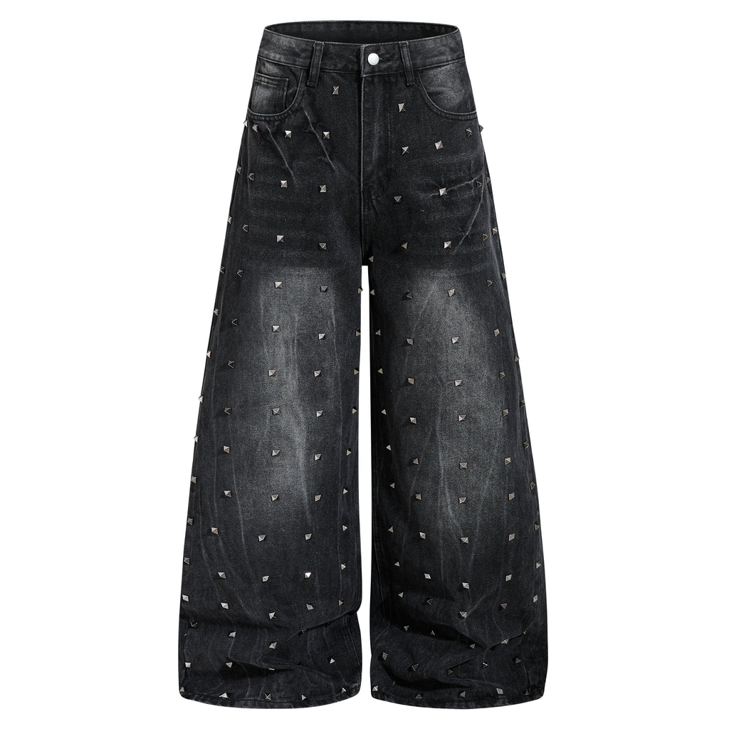 DONOTLOGO Heavy Studded Wide-Leg Denim | Unisex Y2K Punk Rock Rivet Jeans | Vintage Black High Street Oversized Trousers