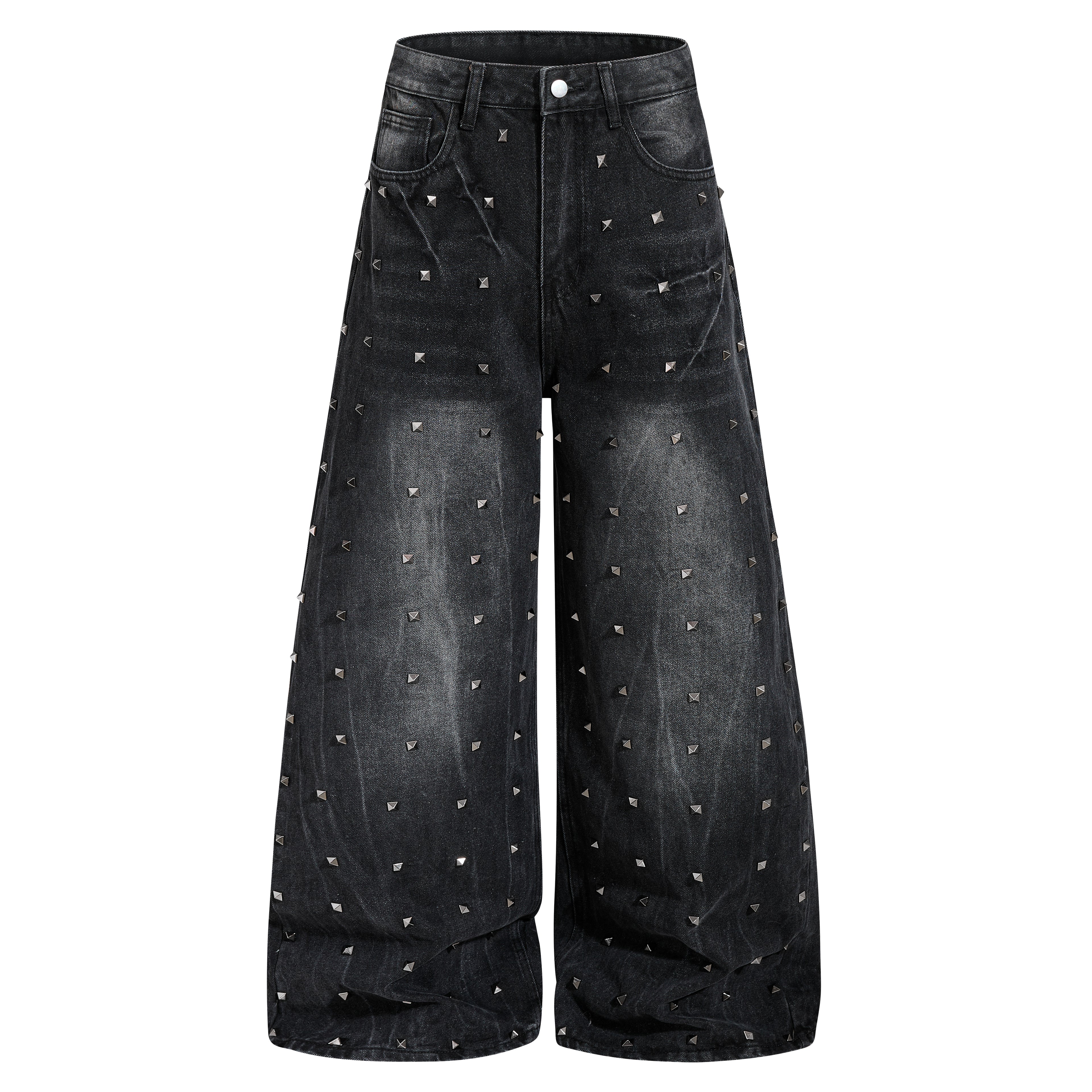 DONOTLOGO Heavy Studded Wide-Leg Denim | Unisex Y2K Punk Rock Rivet Jeans | Vintage Black High Street Oversized Trousers