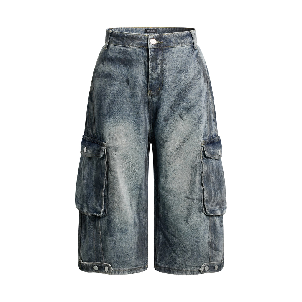 DONOTLOGO Heavy Acid Wash Baggy Cargo Jorts | Unisex Y2K Wide Leg Denim Shorts | Retro High Street Summer Bottoms