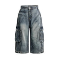 DONOTLOGO Heavy Acid Wash Baggy Cargo Jorts | Unisex Y2K Wide Leg Denim Shorts | Retro High Street Summer Bottoms