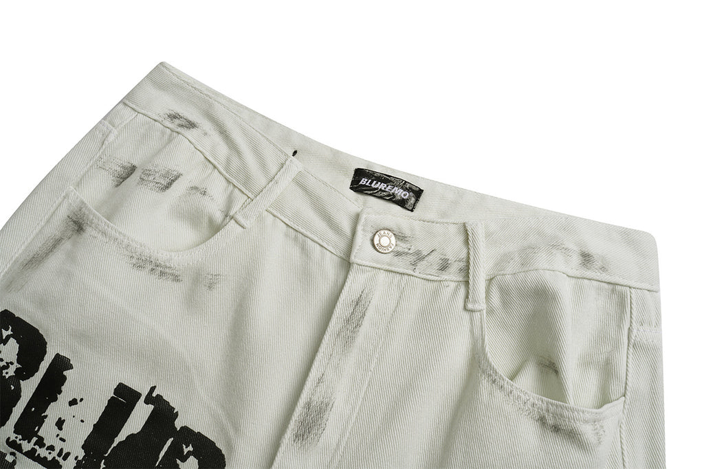 Unisex Relaxed Fit Street Graffiti Washed Wide-Leg Denim Pants