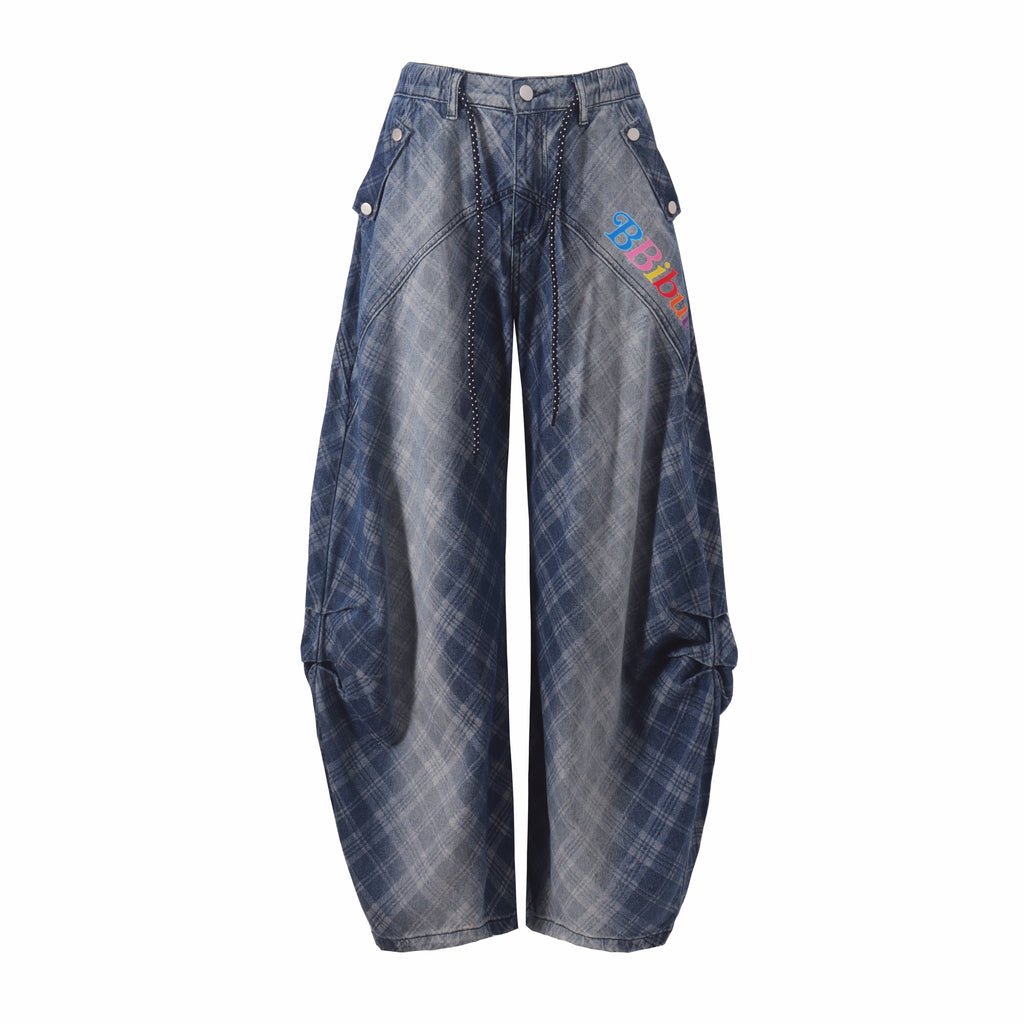 DONOTLOGO Streetwear Vibe Aesthetic | Unisex Oversized Baggy Jeans | Acid Wash Plaid Denim with Colorful Patches & Structural Seams