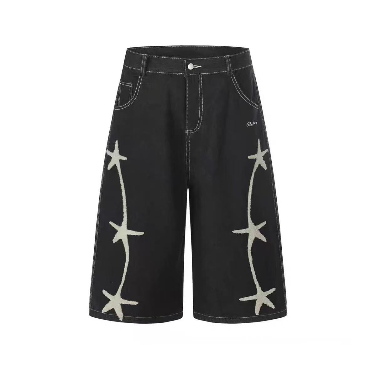 DONOTLOGO Heavy Star Embroidered Black Denim | Unisex Y2K Oversized 3/4 Trousers | Vintage High Street Baggy Shorts