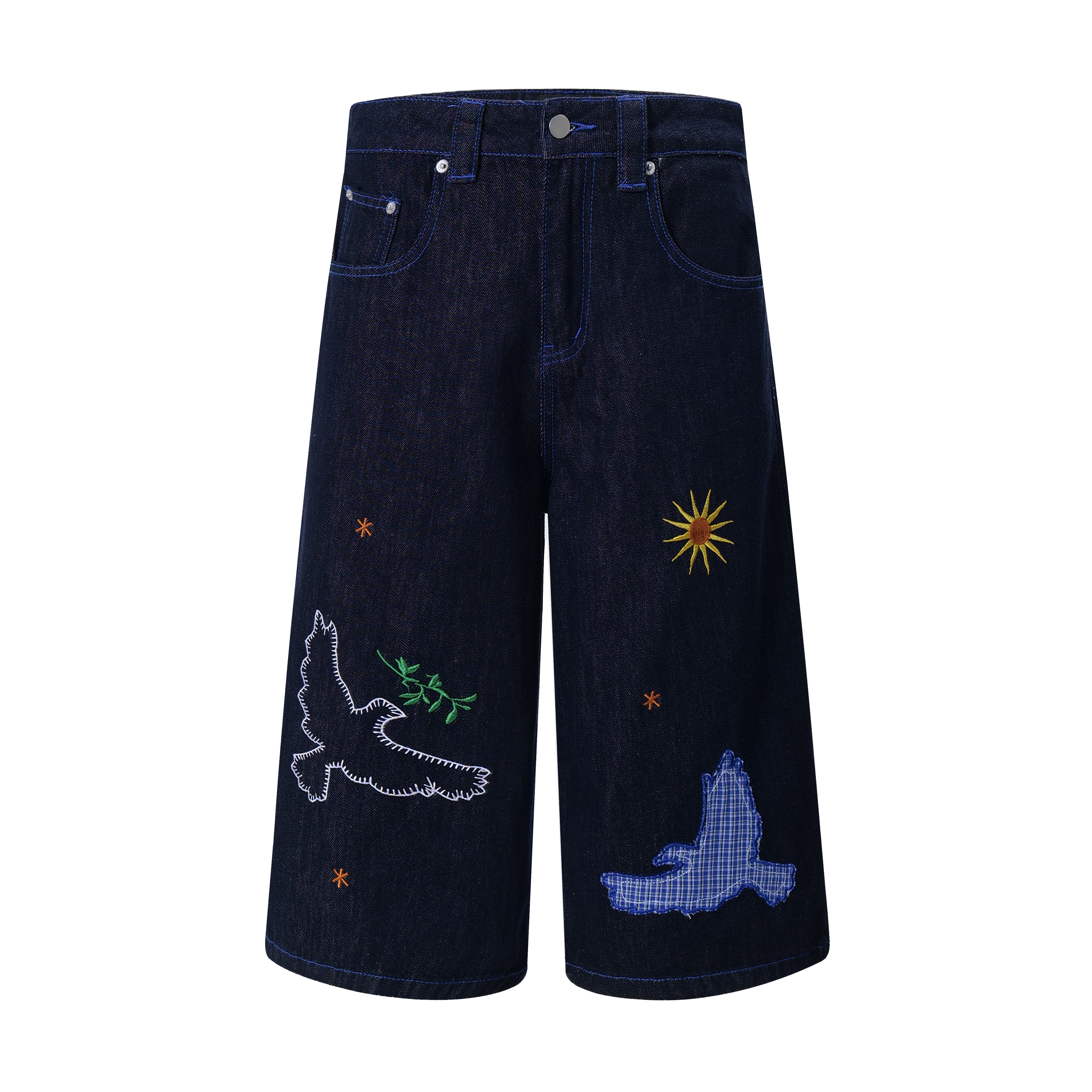DONOTLOGO Unisex Vintage Denim Shorts | Pigeon & Sun Embroidery | Loose Fit Summer Must-Have