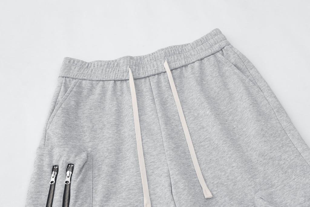 DONOTLOGO Oversized Grey Utility Shorts | Unisex Drawstring Cargo Capris | Streetwear Baggy Sweatshorts with Zipper Detail