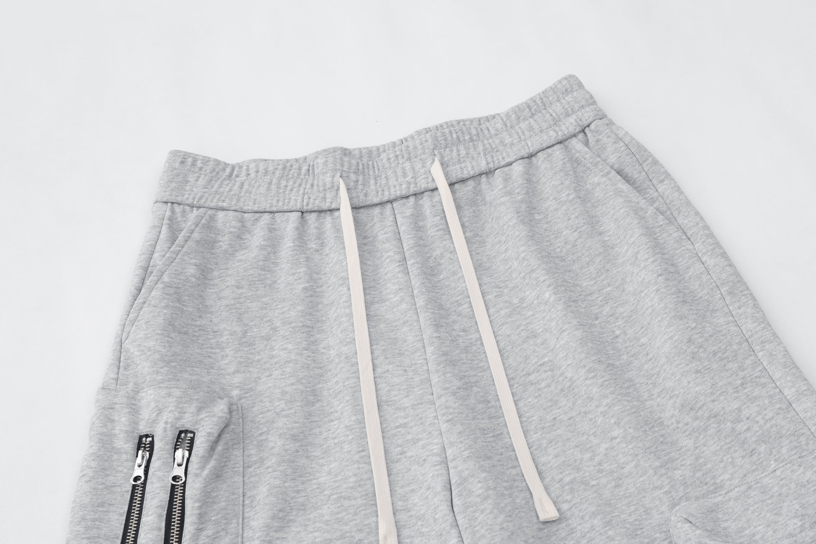 DONOTLOGO Oversized Grey Utility Shorts | Unisex Drawstring Cargo Capris | Streetwear Baggy Sweatshorts with Zipper Detail