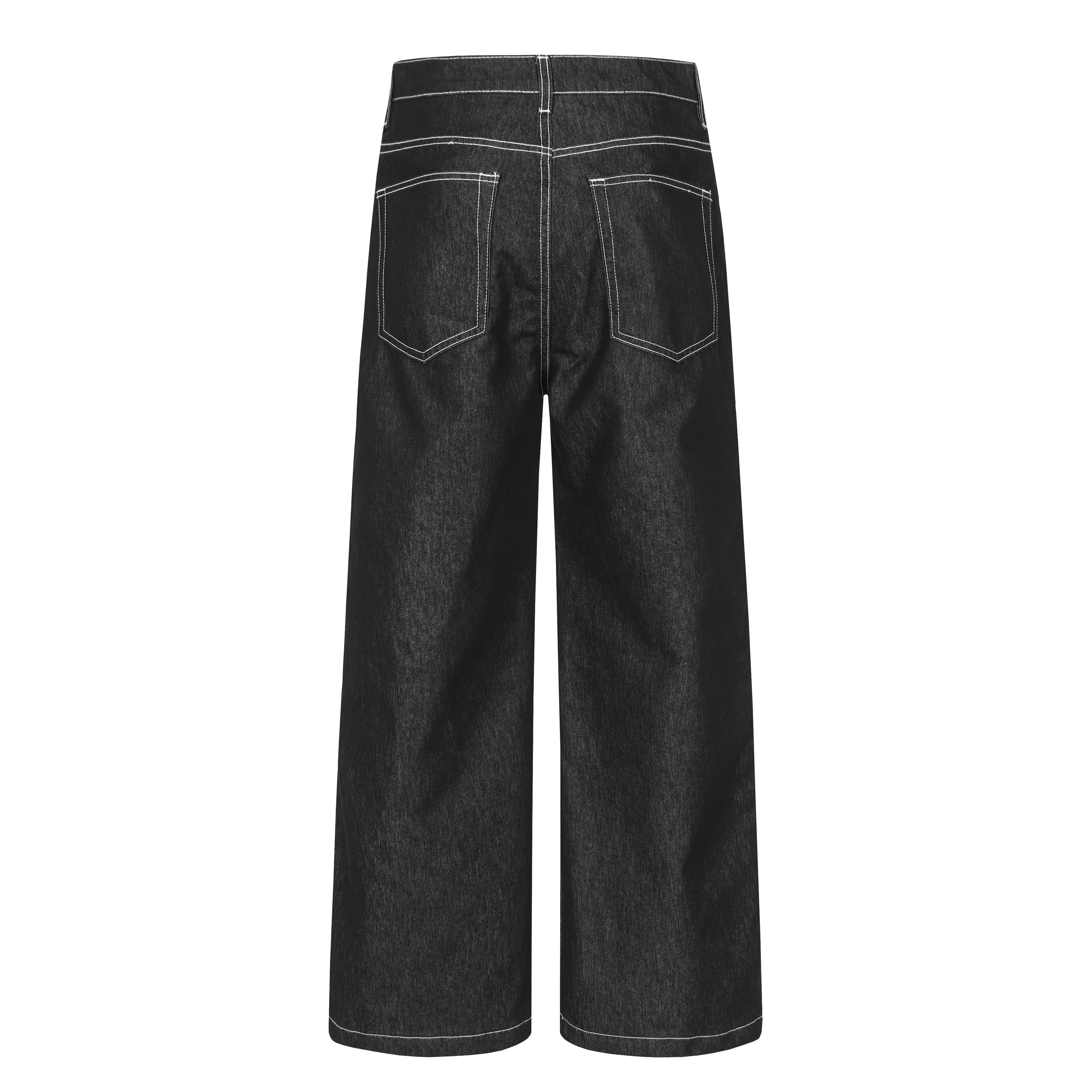 DONOTLOGO Deconstructed Black Baggy Denim Pants | Unisex Y2K Wide Leg Trousers with Bold White Stitching | High Street Relaxed Fit Bottoms