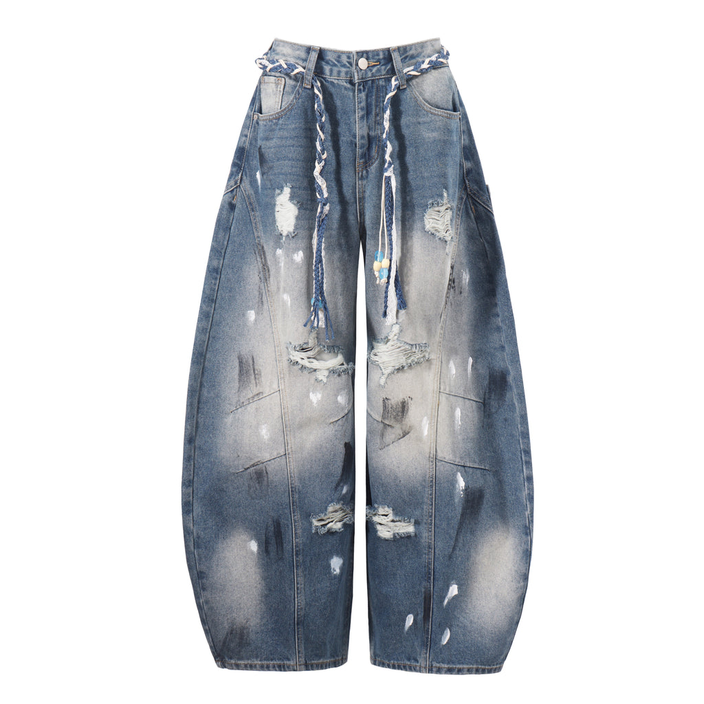 DONOTLOGO Grunge Streetwear Aesthetic | Unisex Oversized Baggy Jeans | Acid Wash with Paint Splatter, Ripped Detail & Rope Belt