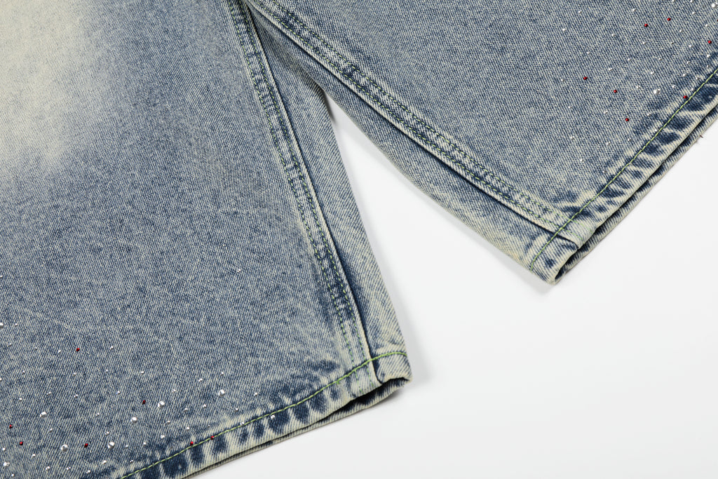 DONOTLOGO Glitter & Grit Collection | Unisex Relaxed Fit Denim Cropped Pants | Sparkling Rhinestone Detail with Vintage Wash Finish & High-Rise Waistband