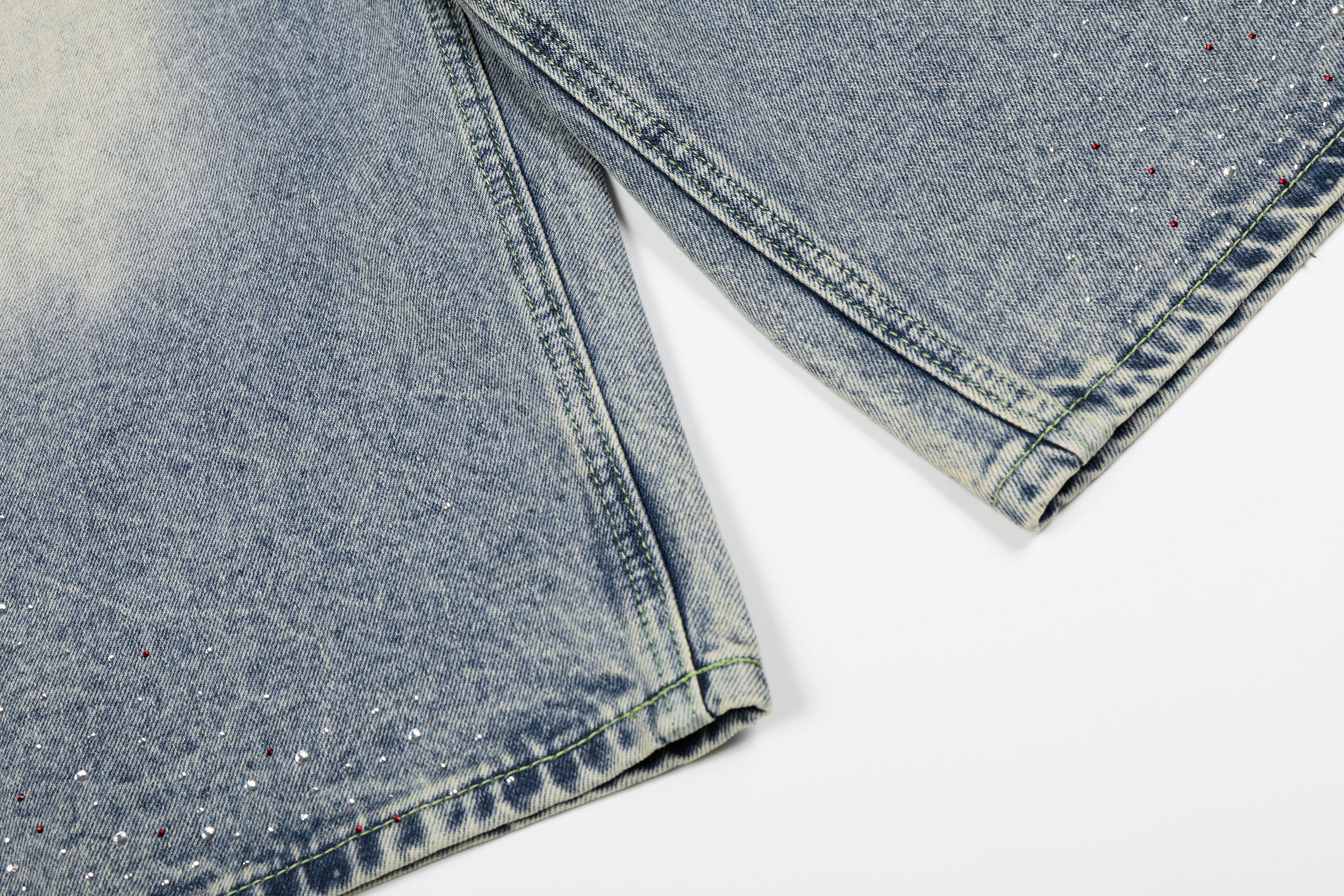 DONOTLOGO Glitter & Grit Collection | Unisex Relaxed Fit Denim Cropped Pants | Sparkling Rhinestone Detail with Vintage Wash Finish & High-Rise Waistband