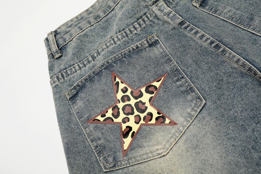 DONOTLOGO Urban Streetwear Collection | Unisex Relaxed Silhouette Jeans | Bold Leopard Star Motif & Soft Denim Fabric