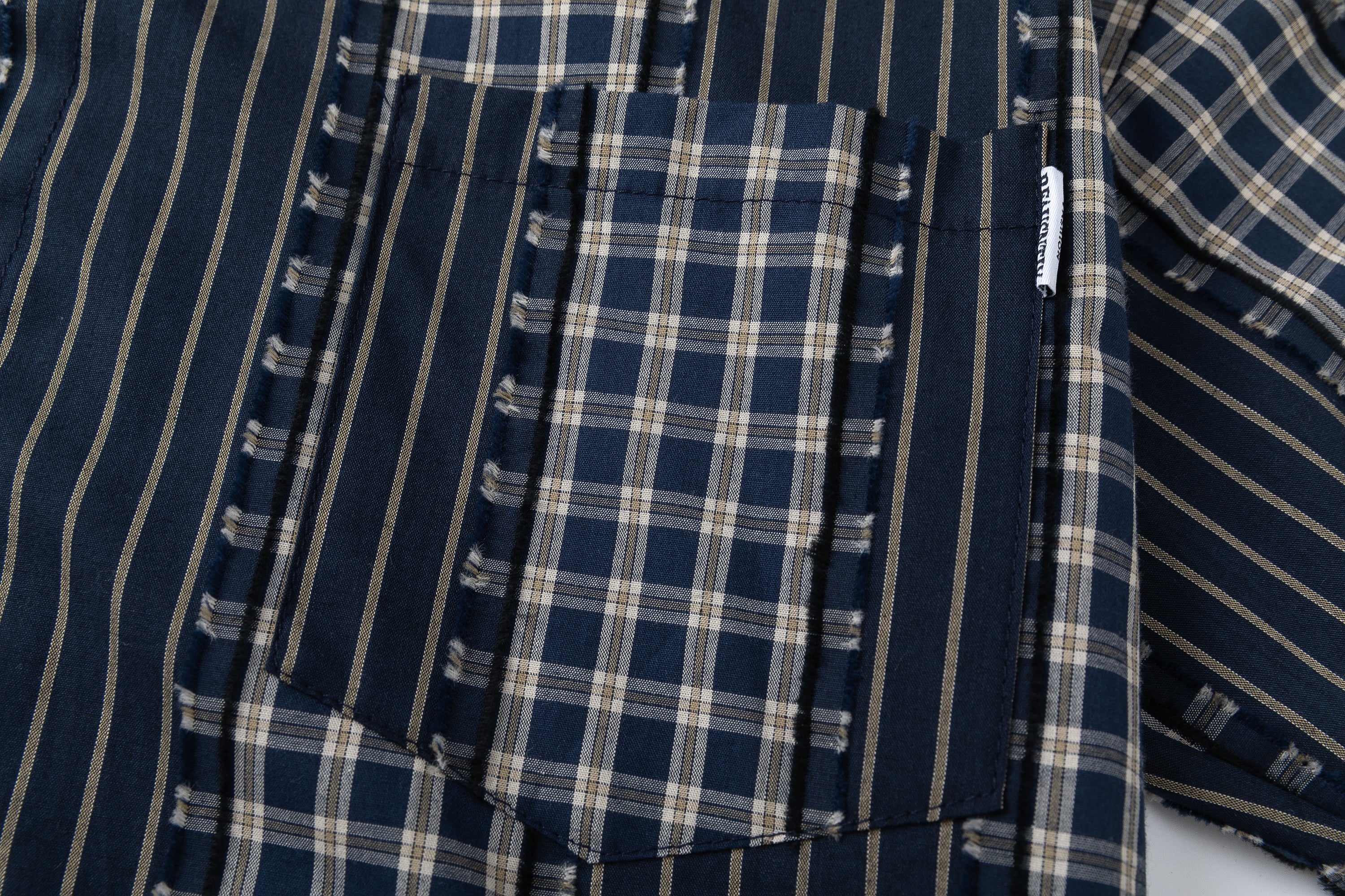 DONOTLOGO Unisex Japanese Retro Patchwork Shirt | Dark Blue Stripes & Plaid | Loose Fit Summer Must-Have