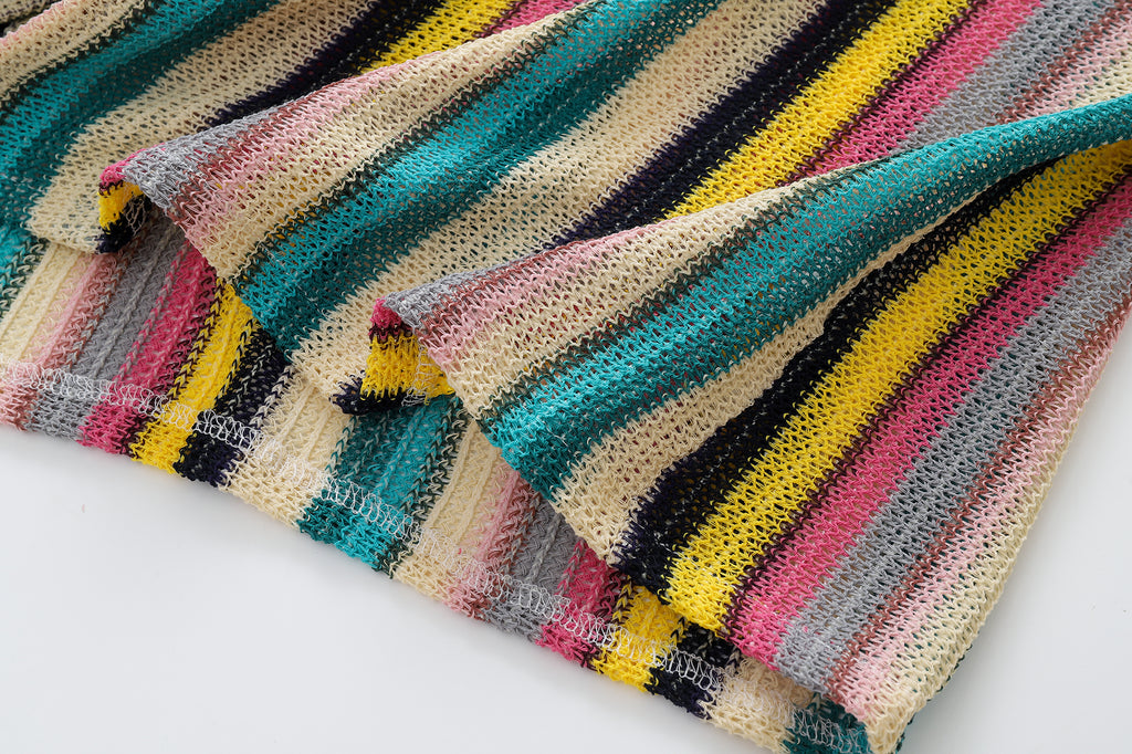 DONOTLOGO Rainbow Stripe Mesh Knit Shirt | Unisex Y2K Cuban Collar Top | High Street Relaxed Fit Summer Blouse