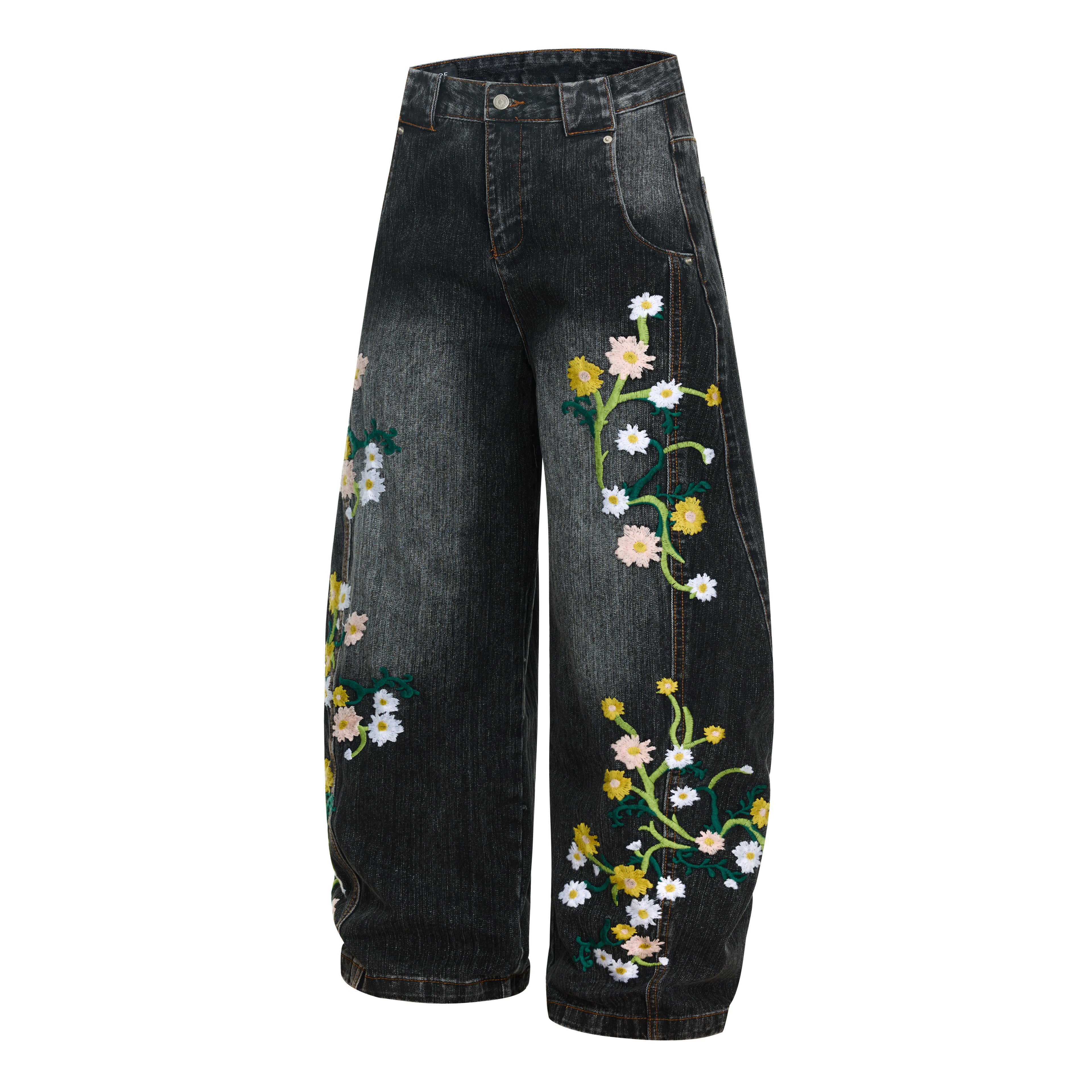 Unisex Floral Embroidered Denim Jeans