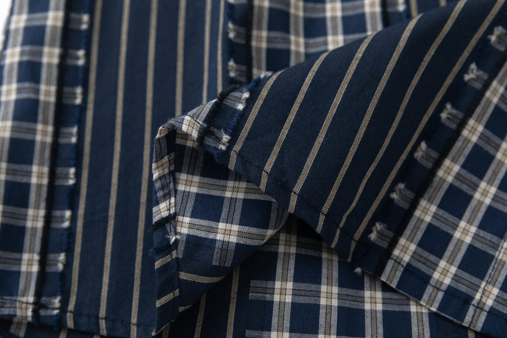 DONOTLOGO Unisex Japanese Retro Patchwork Shirt | Dark Blue Stripes & Plaid | Loose Fit Summer Must-Have