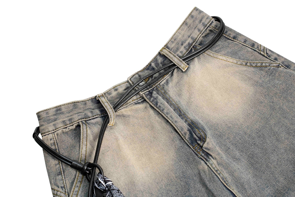 DONOTLOGO "Arc Seam" Distressed Denim - American High Street Baggy Jeans with Contrast Wash & Bandana Belt - Oversized Wide Leg Trousers