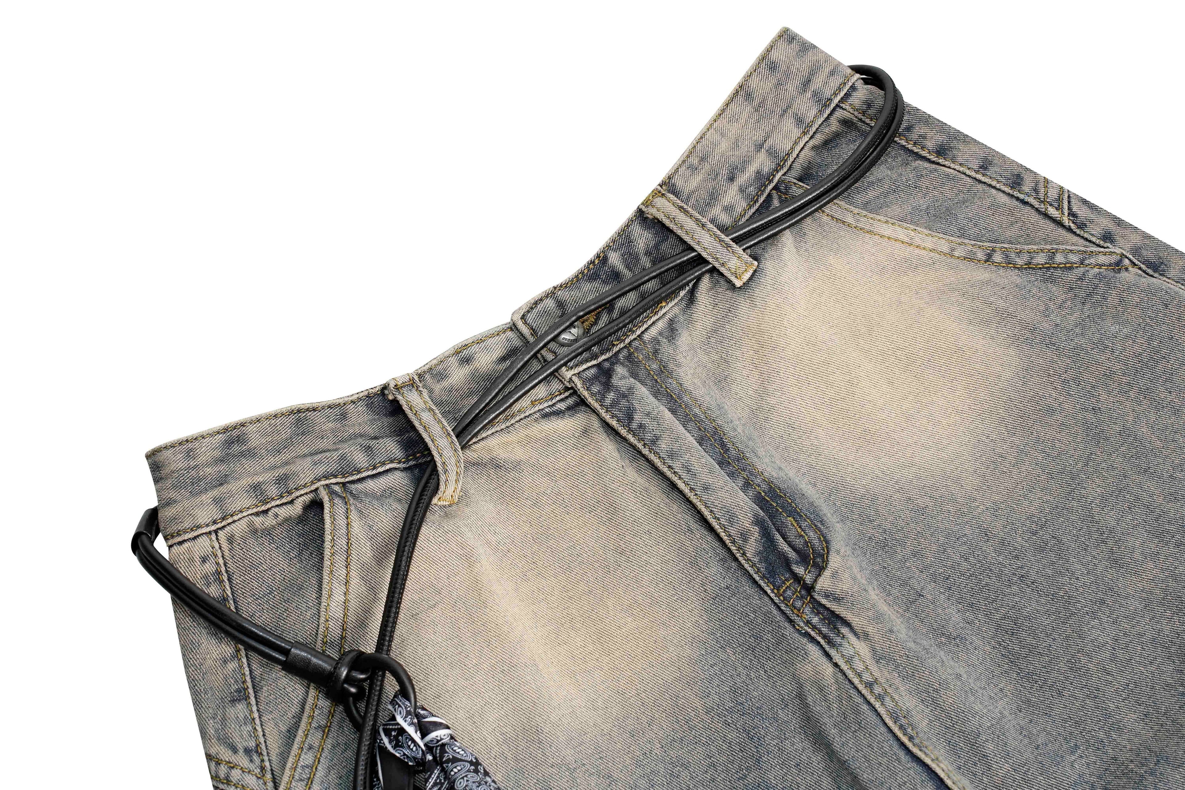 DONOTLOGO "Arc Seam" Distressed Denim - American High Street Baggy Jeans with Contrast Wash & Bandana Belt - Oversized Wide Leg Trousers