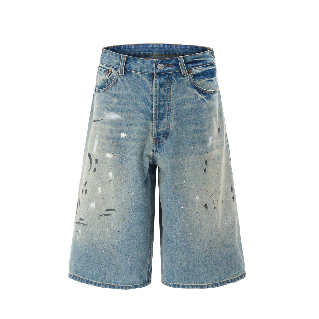 DONOTLOGO Street Art Revival Collection | Unisex Relaxed Fit Denim Shorts | Bold Paint Splatter Seaming & Faded Wash Finish with Classic Cotton Denim Fabric