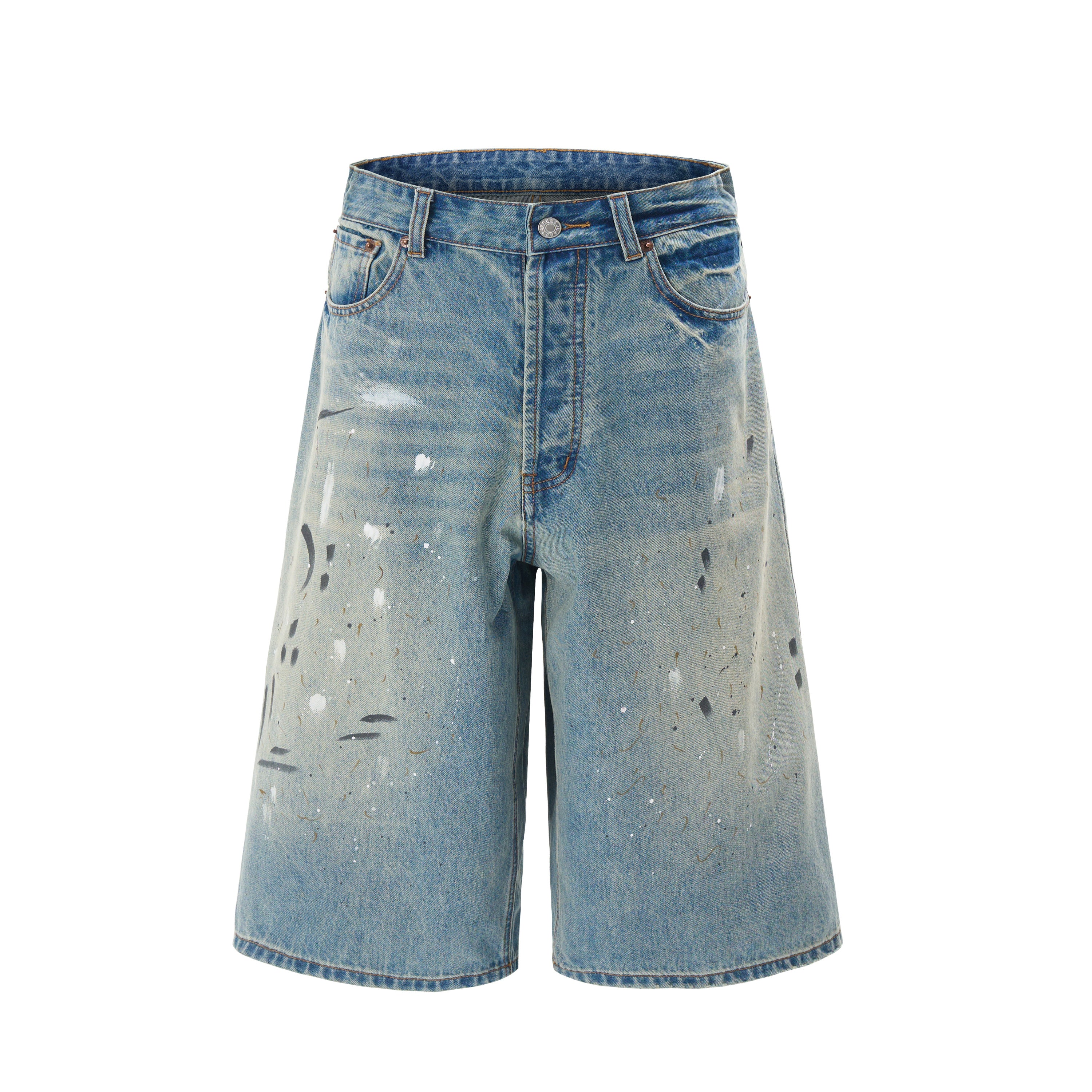 DONOTLOGO Street Art Revival Collection | Unisex Relaxed Fit Denim Shorts | Bold Paint Splatter Seaming & Faded Wash Finish with Classic Cotton Denim Fabric