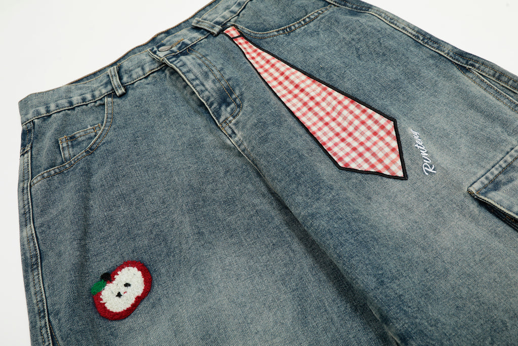DONOTLOGO Urban Streetwear Collection | Unisex Relaxed Silhouette Cargo Jeans | Bold Plaid Tie & Fruit Motif & Soft Denim Fabric