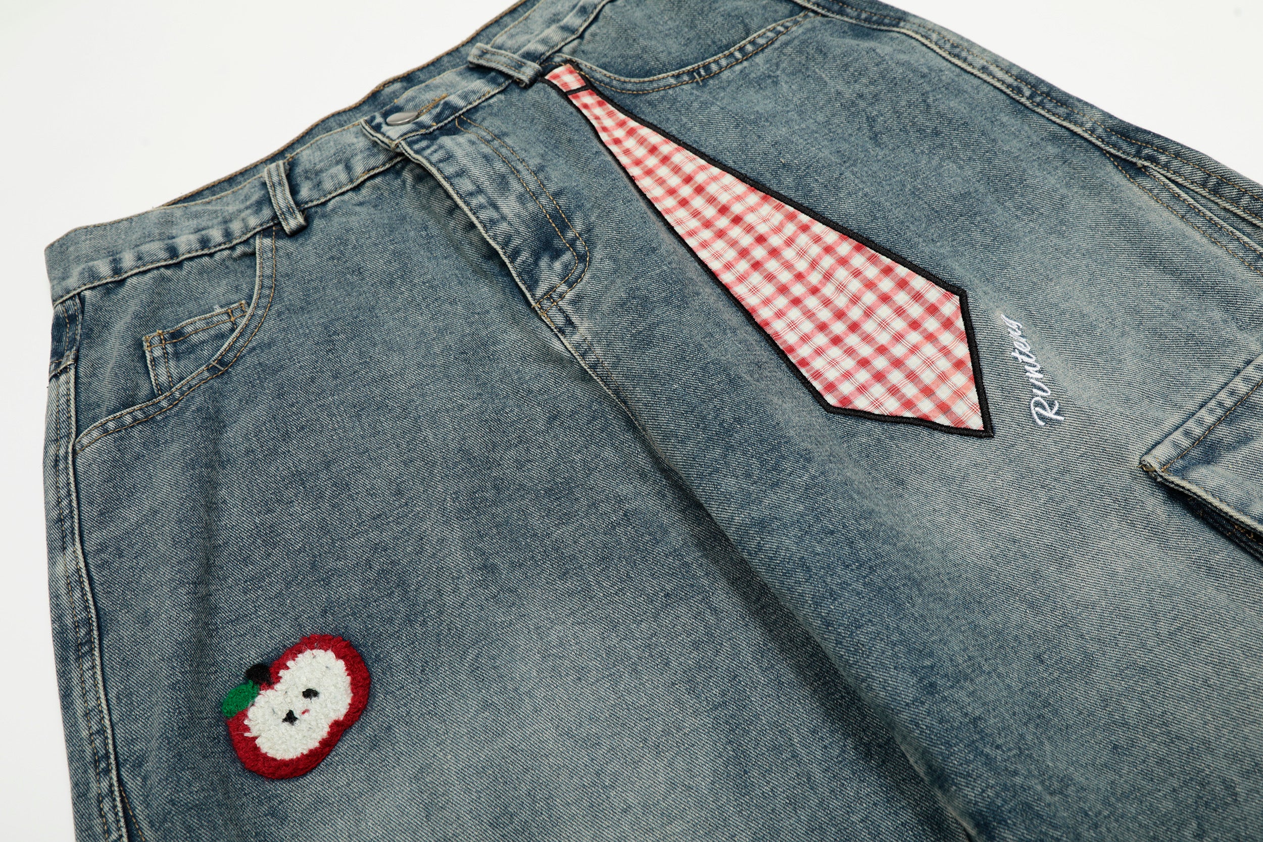 DONOTLOGO Urban Streetwear Collection | Unisex Relaxed Silhouette Cargo Jeans | Bold Plaid Tie & Fruit Motif & Soft Denim Fabric