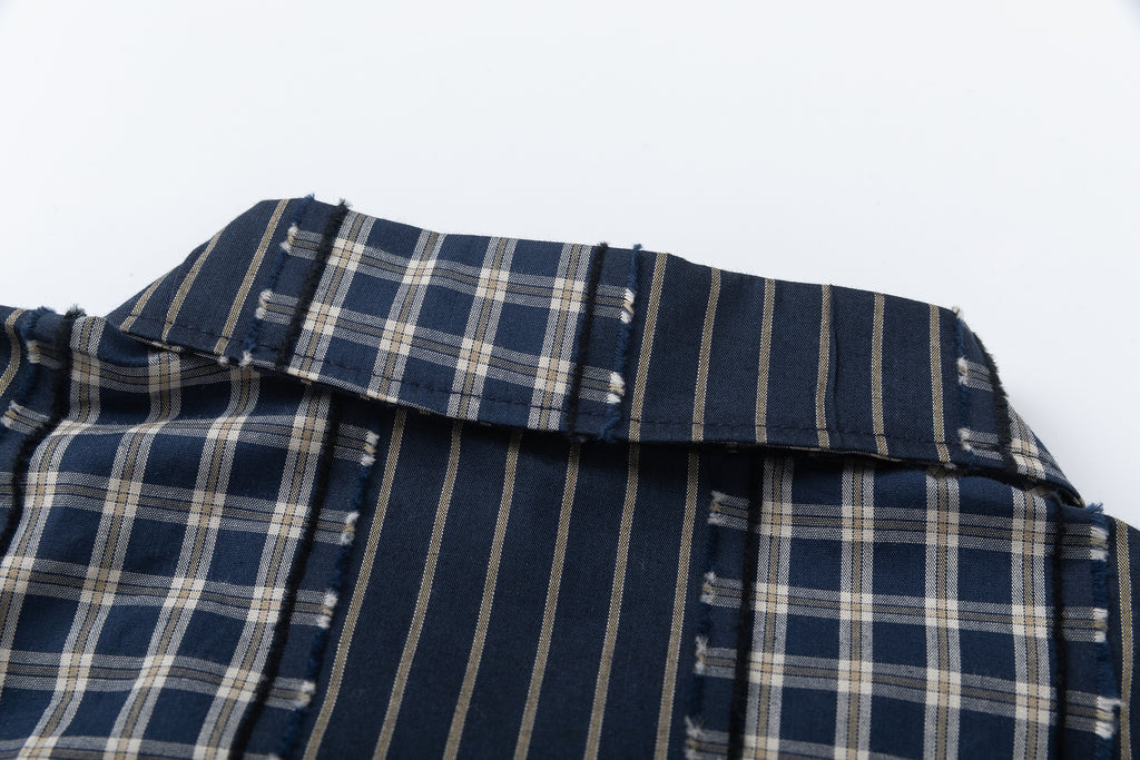 DONOTLOGO Unisex Japanese Retro Patchwork Shirt | Dark Blue Stripes & Plaid | Loose Fit Summer Must-Have