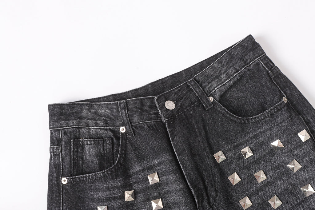 DONOTLOGO Deconstructed Black Baggy Denim Pants | Unisex Y2K Wide Leg Trousers with Bold Metal Studs | High Street Relaxed Fit Bottoms