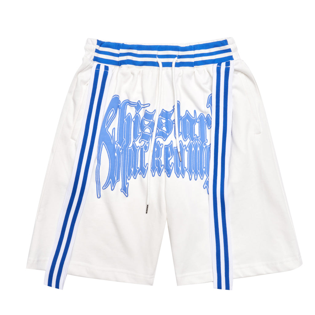 DONOTLOGO Oversized Blue Stripe Track Shorts | Unisex Baggy Sweatshorts | Retro Streetwear with Gothic Graphic