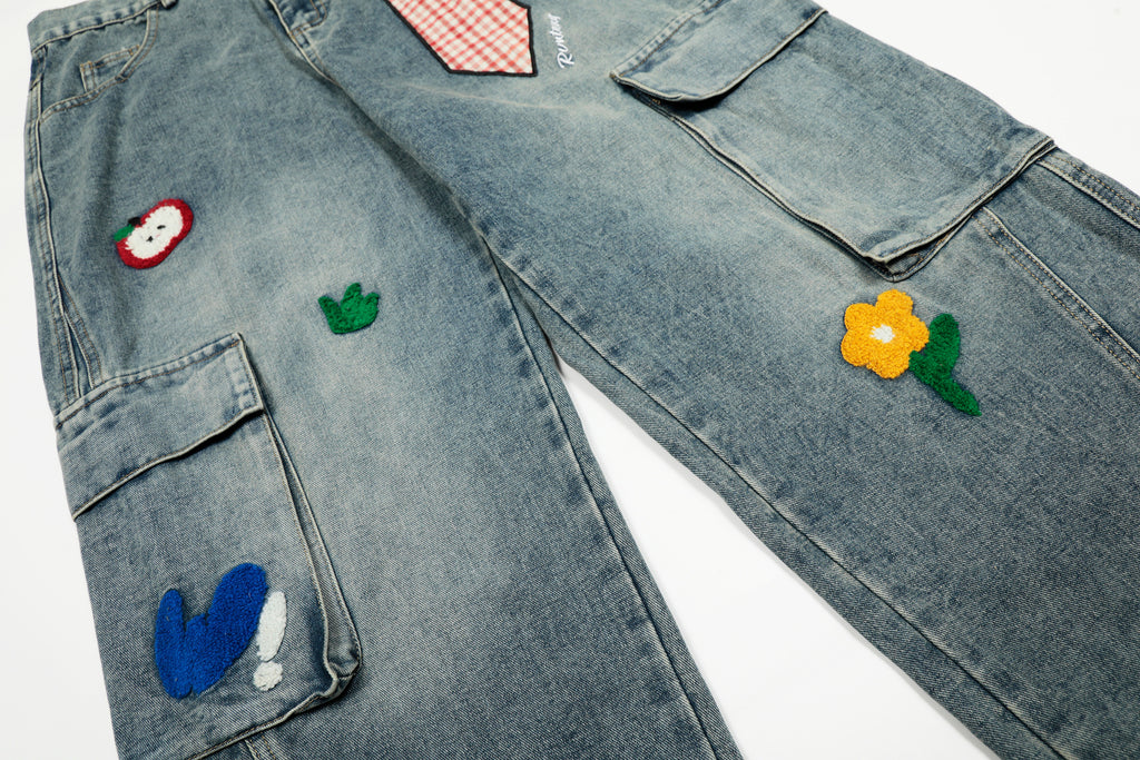 DONOTLOGO Urban Streetwear Collection | Unisex Relaxed Silhouette Cargo Jeans | Bold Plaid Tie & Fruit Motif & Soft Denim Fabric