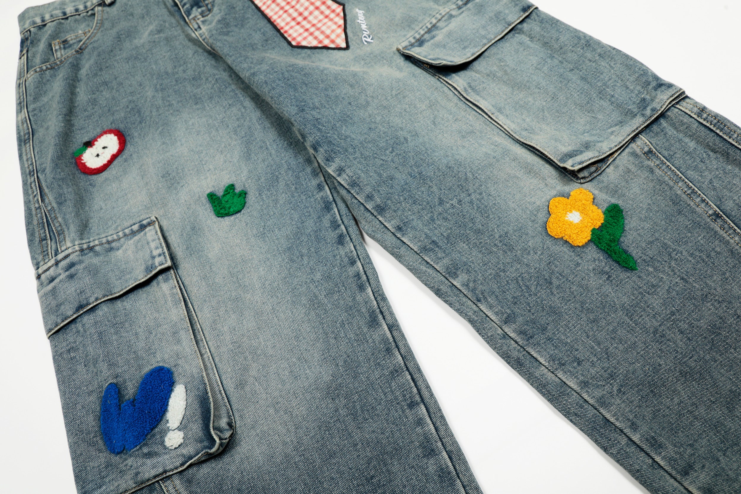 DONOTLOGO Urban Streetwear Collection | Unisex Relaxed Silhouette Cargo Jeans | Bold Plaid Tie & Fruit Motif & Soft Denim Fabric