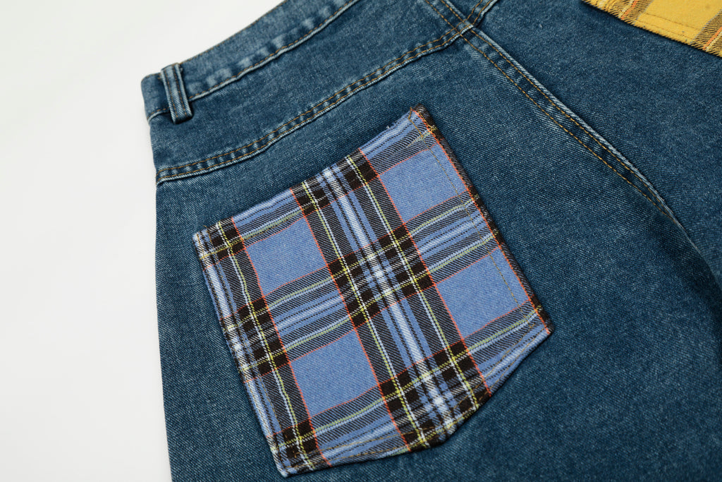 DONOTLOGO ：Urban Streetwear Collection | Unisex Relaxed Silhouette Jeans | Bold Plaid & Number Motif & Soft Denim Fabric