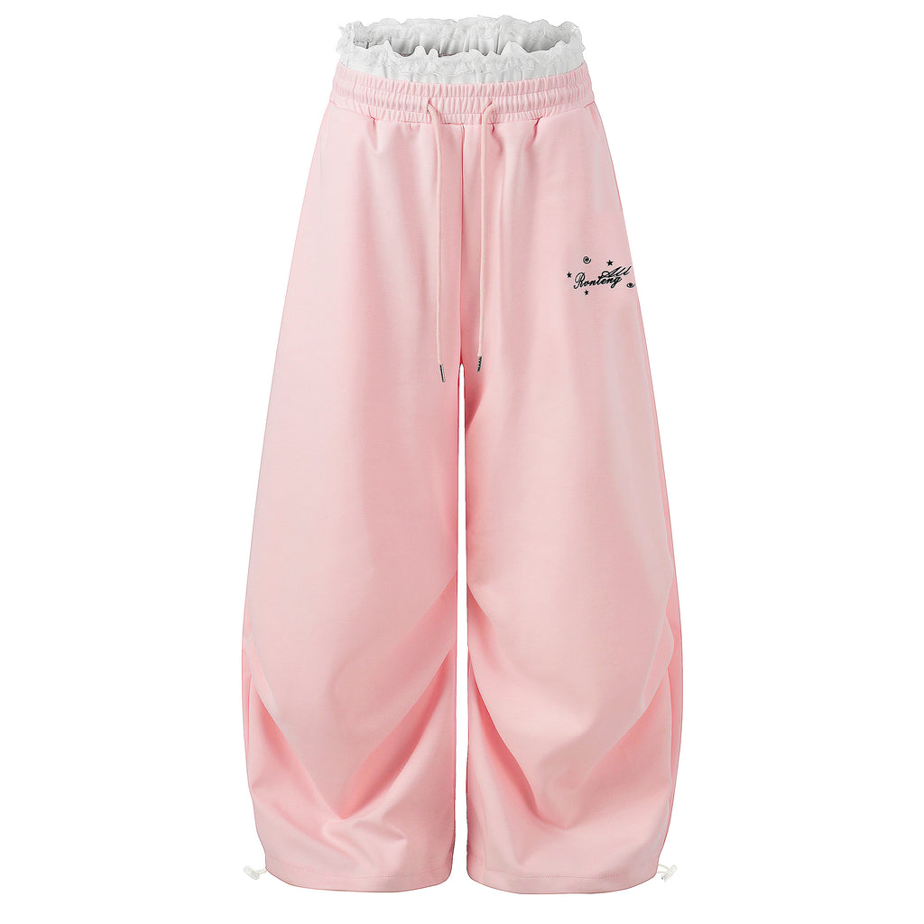 DONOTLOGO Sweet Streetwear Collection | Unisex Relaxed Fit Sweatpants | Delicate Lace Waistband & Star Embroidery with Soft Cotton Blend Fabric