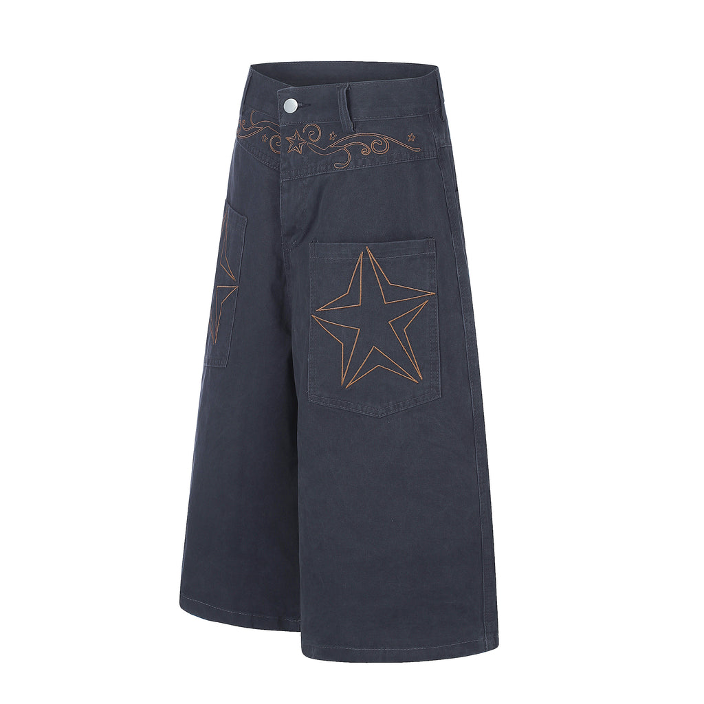 DONOTLOGO Rodeo Dream Collection | Unisex Relaxed Fit Denim-Style Cropped Pants | Bold Star & Scroll Embroidery Detail with High-Rise Waistband