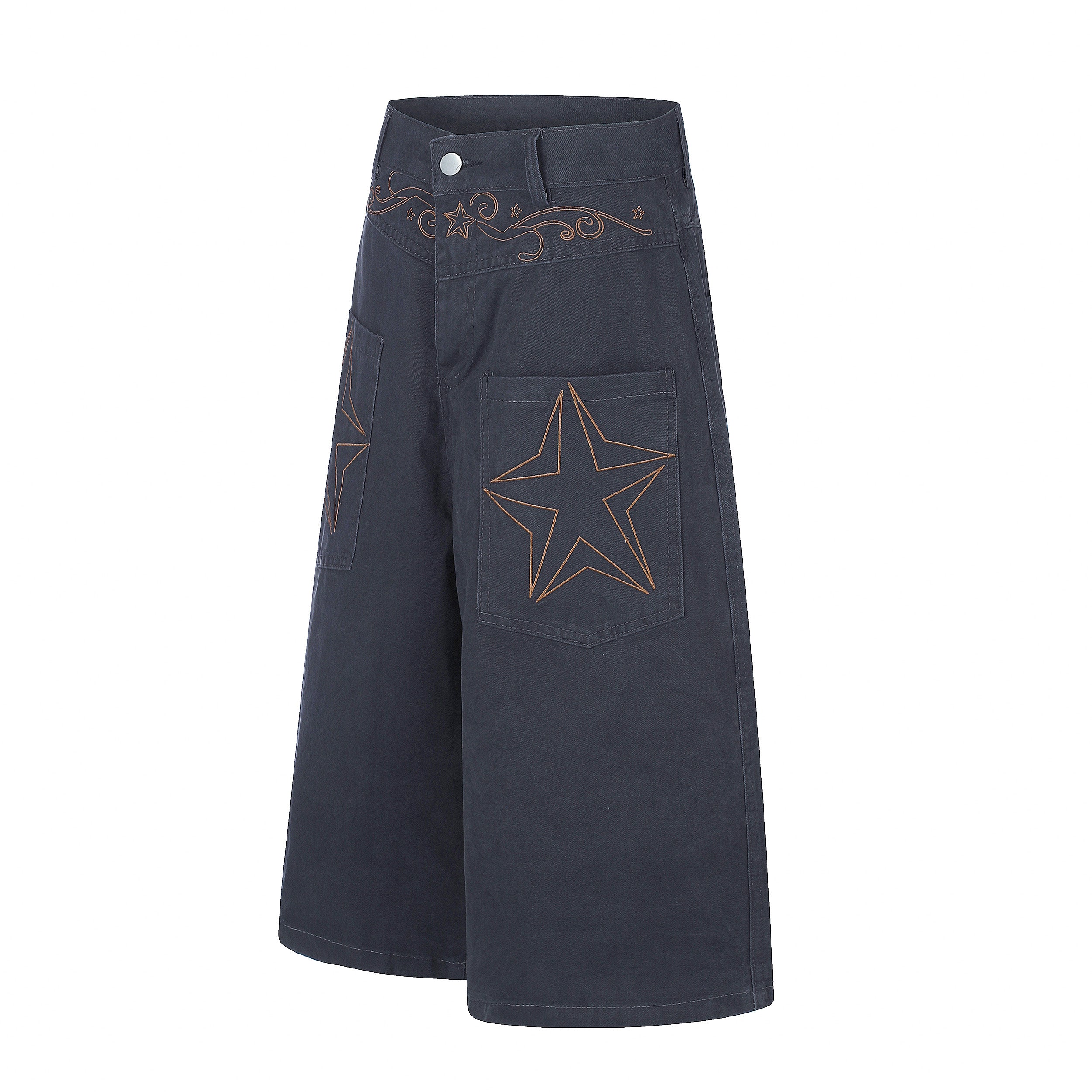 DONOTLOGO Rodeo Dream Collection | Unisex Relaxed Fit Denim-Style Cropped Pants | Bold Star & Scroll Embroidery Detail with High-Rise Waistband