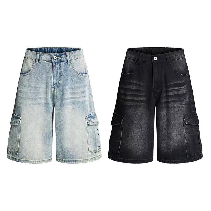 DONOTLOGO Heavy Distressed Cargo Denim Pants | Unisex Y2K Oversized 5-Inch Trousers | Vintage Military High Street Baggy Shorts