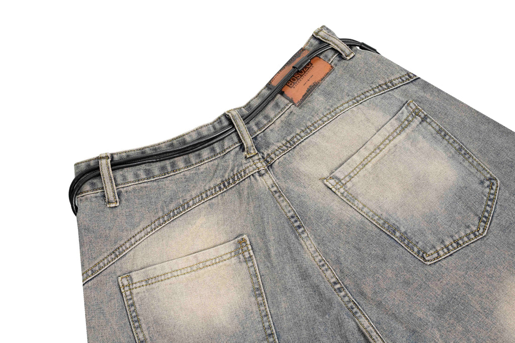 DONOTLOGO "Arc Seam" Distressed Denim - American High Street Baggy Jeans with Contrast Wash & Bandana Belt - Oversized Wide Leg Trousers