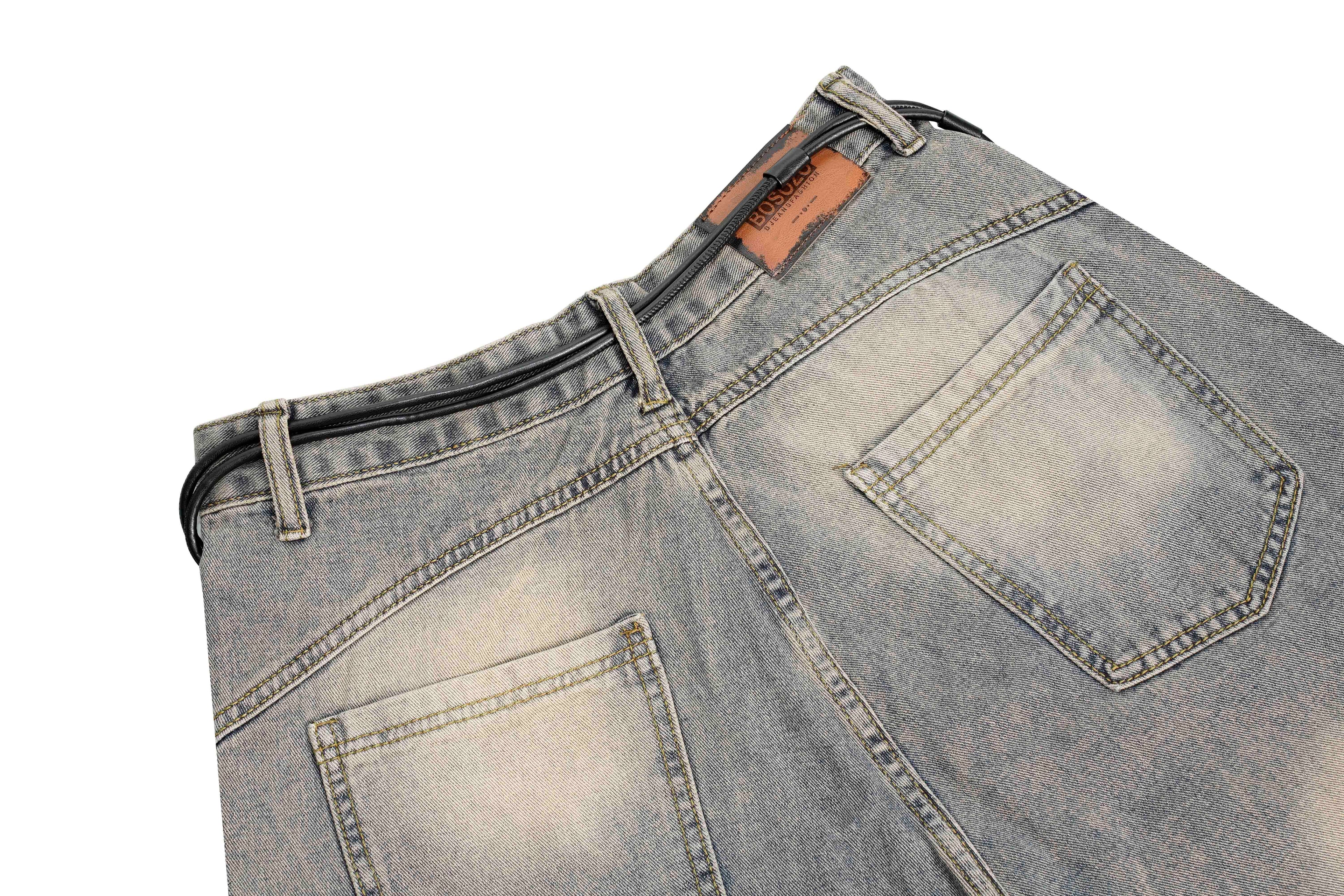 DONOTLOGO "Arc Seam" Distressed Denim - American High Street Baggy Jeans with Contrast Wash & Bandana Belt - Oversized Wide Leg Trousers